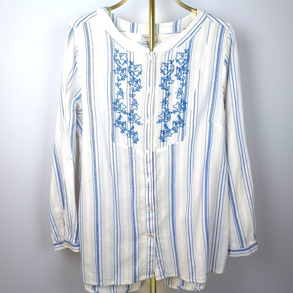 Avenue Womens 14/16 Tunic Shirt White Blue Striped Embroidered Cotton Roll Tab